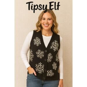 Tipsy Elves Black Sweater Vest w/Sequin Snowflakes